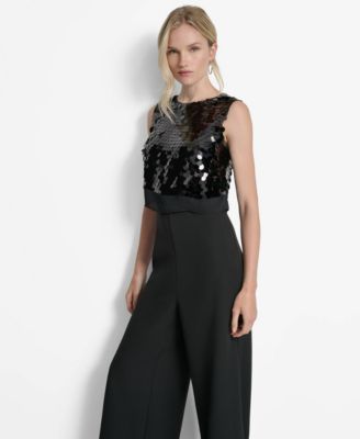 Women's Sleeveless Sequin Overlay Wide Leg Jumpsuit