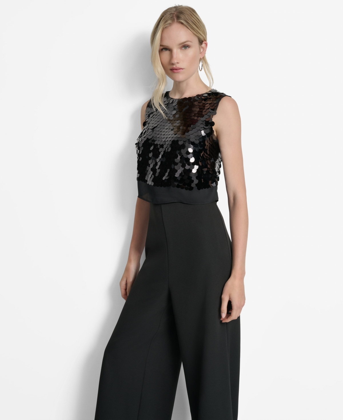 Dkny Women's Sleeveless Sequin Overlay Wide Leg Ankle Jumpsuit In Black
