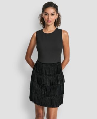 Women's Sleeveless Tiered Studded Fringe Shift Dress