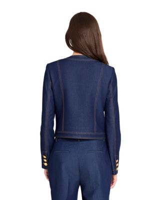 Women&#39;s Collarless Button Front Denim Cropped Jacket