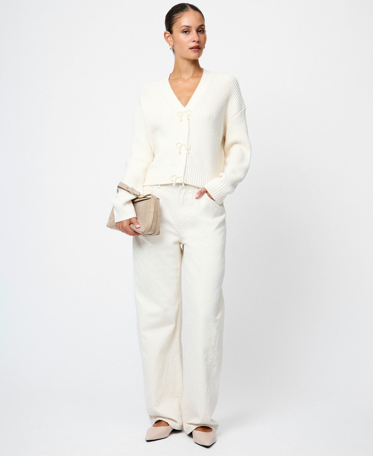 French Connection Women's Babysoft Knit V-neck Embellished Bow Cardigan Sweater In White