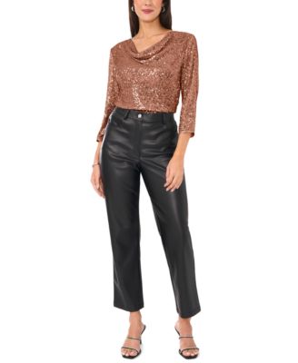 Women's Sequined Cowlneck 3/4-Sleeve Top