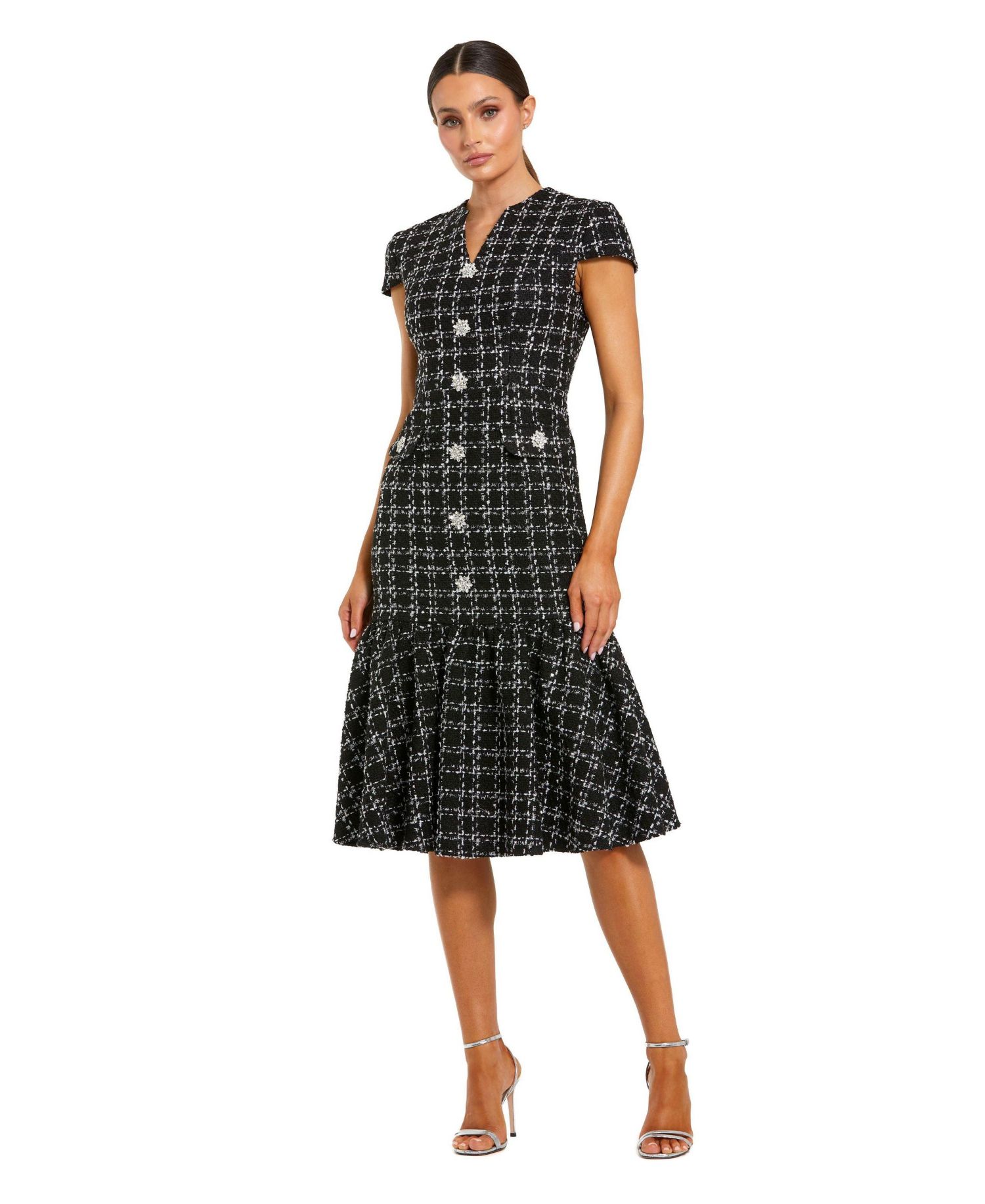 Women's Button Up Cap Sleeve Boucle A Line Midi Dress