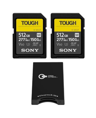 SF-M Series Tough 512GB UHS-II SDXC Memory Card, 2-Pack, Bundle with CFexpress Type-B and SD UHS-II Card Reader