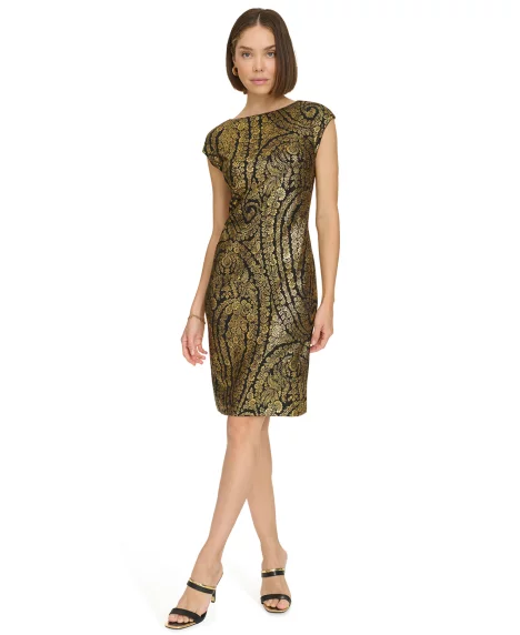 Petite Foil Print Sheath Dress - Black/Gold