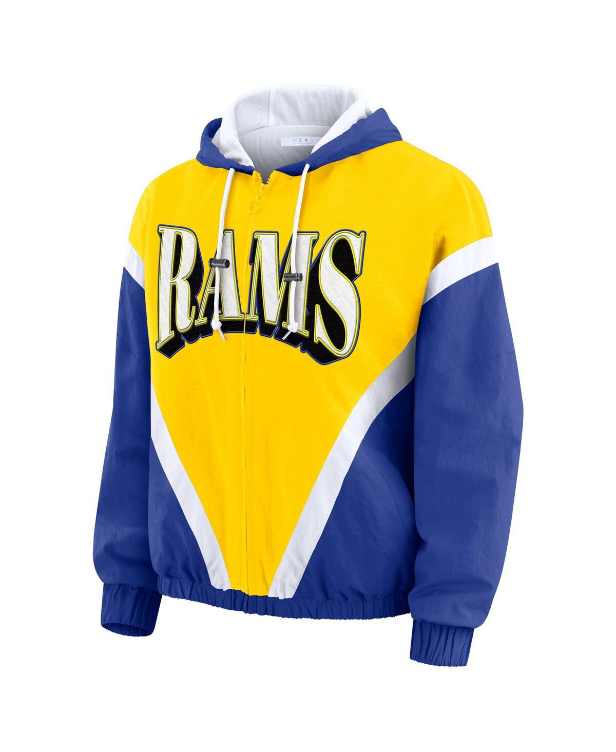 Wear By Erin Andrews Women's Gold/royal Los Angeles Rams Retro Crinkle Full-zip Hoodie Windbreaker Jacket In Black