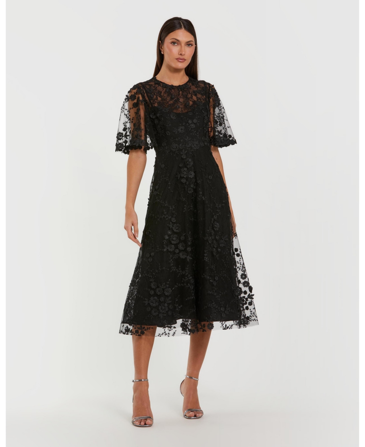 Mac Duggal Women's Flutter Sleeve Embroidered Midi Dress