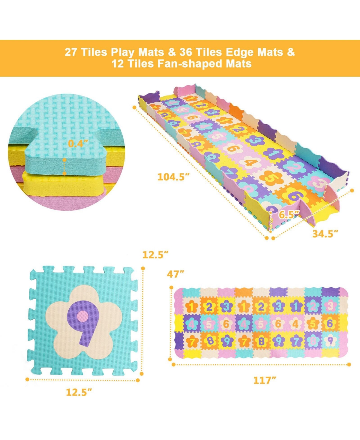 Hongge 75 Piece Baby Foam Interlocking Play Mat with Fence and Detachable Numbers