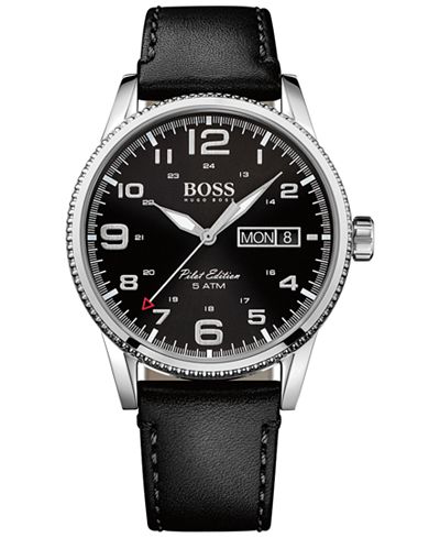 BOSS Hugo Boss Men's Pilot Black Leather Strap Watch 44mm 1513330