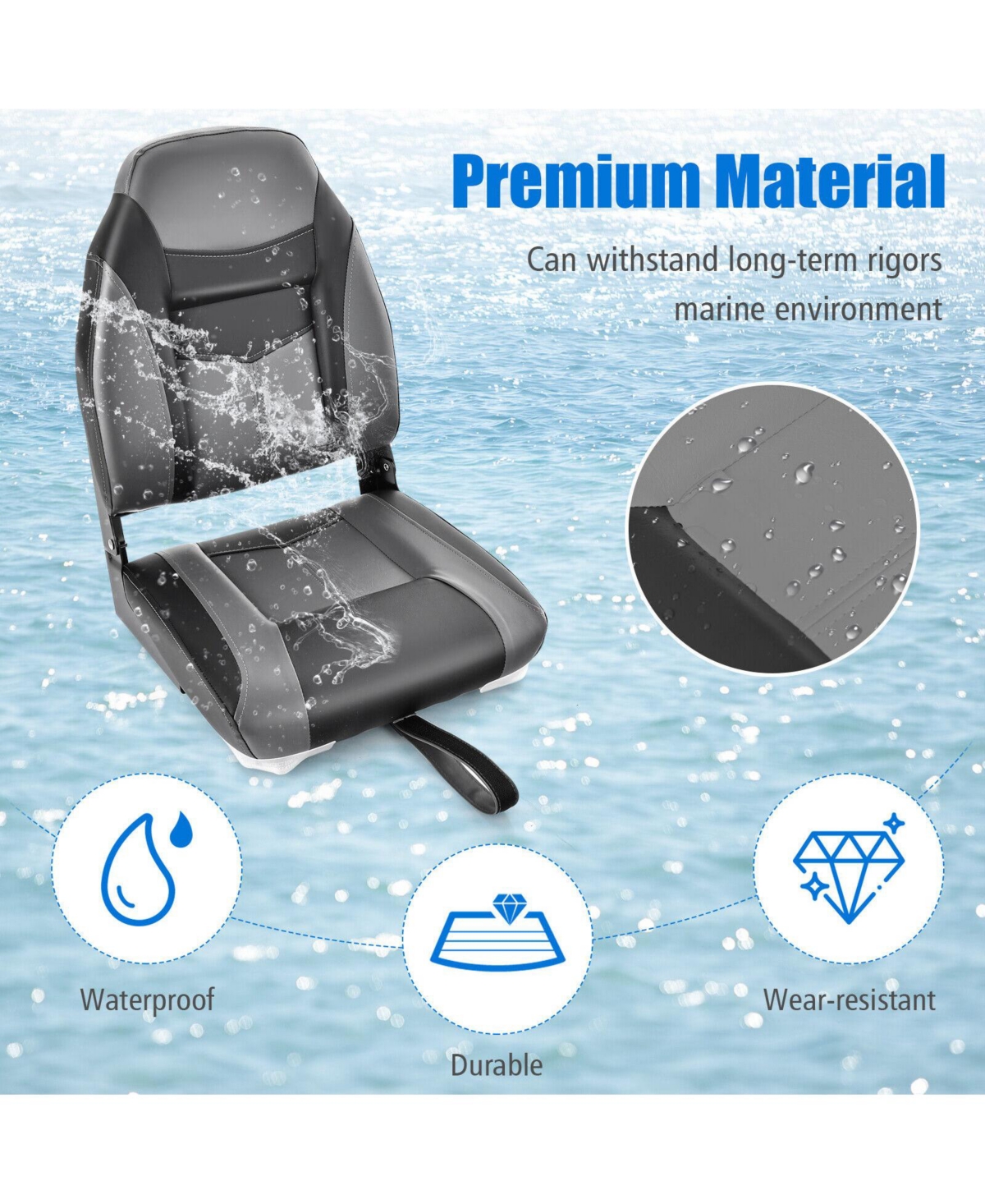 High Back Folding Boat Seat with Cushioned Sponge Padding and Flexible Hinges