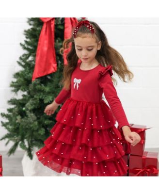 Big Girls Christmas Pearl Long Sleeve Tutu Dress
