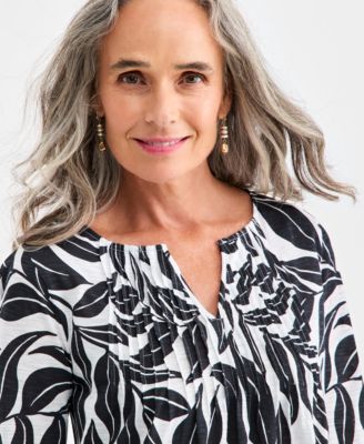 Petite Split Neck Pintuck Fern Leaves Top