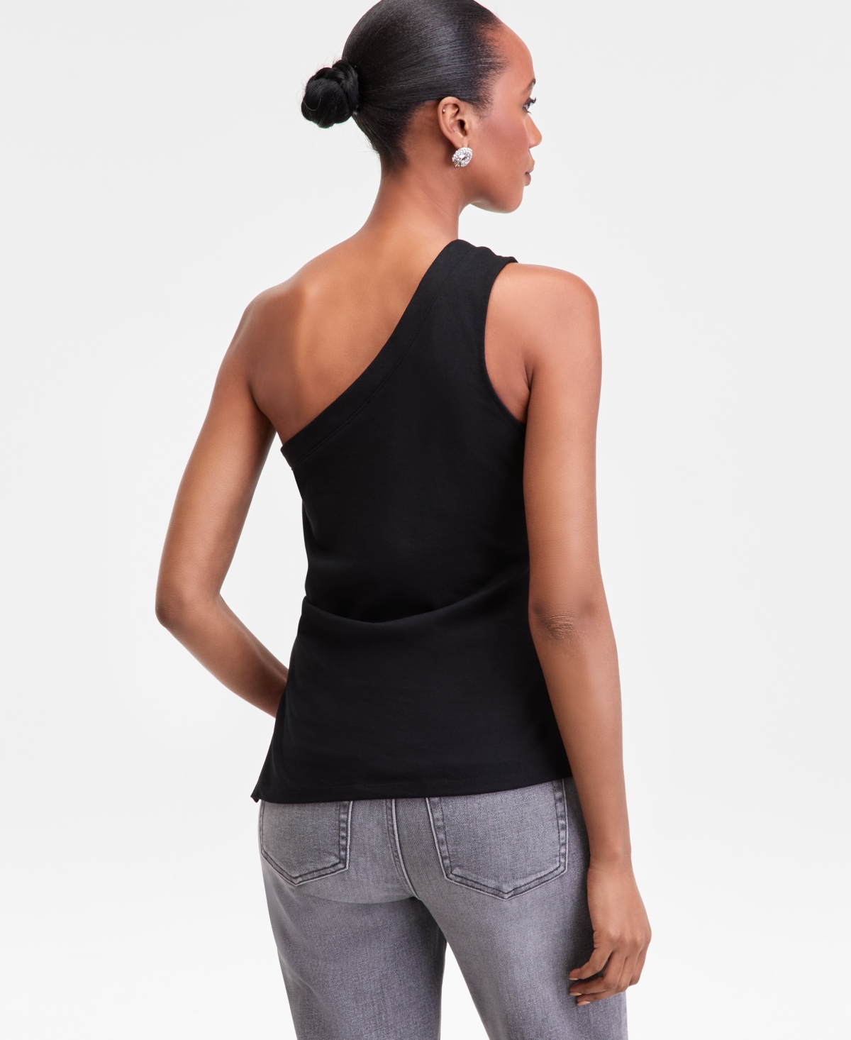 Inc International Concepts Petite Cotton One-shoulder Asymmetric Tank Top, Macy's Exclusive In Black
