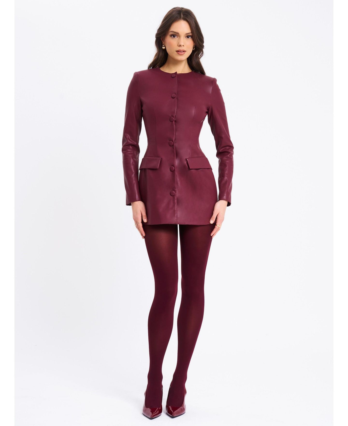 Женское платье Miss Circle Women Baila Burgundy Faux Leather Blazer Mini, цвет: Тёмный бордовый — фото 4