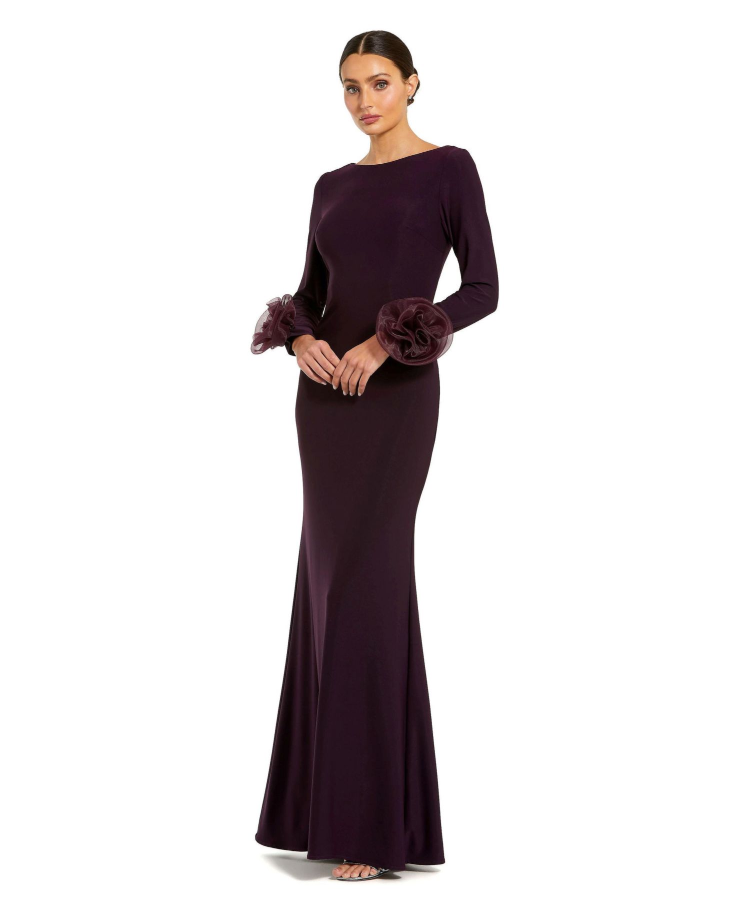 Women's Long Sleeve Fitted Jersey Gown With 3D Flowers