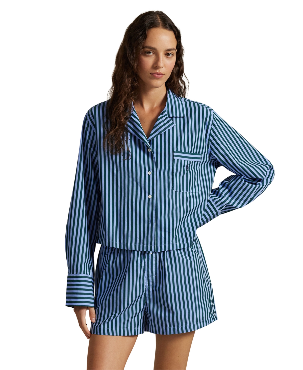 Polo Ralph Lauren Women's 2-Piece Cropped Shirt and Boxer Shorts Pajama Set
