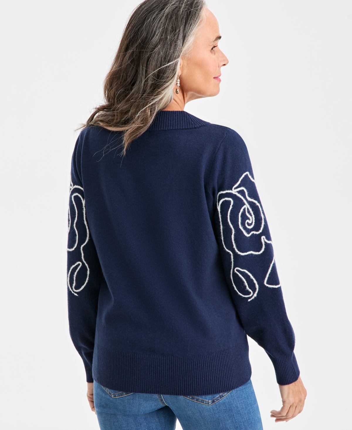 Style & Co Petite Embroidered Soutache Long-sleeve Sweater, Macy's Exclusive In Blue
