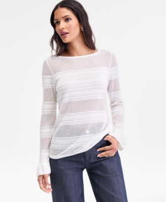 Women's Long Sleeve Sheer Stripe Sweater, Macy's Exclusive