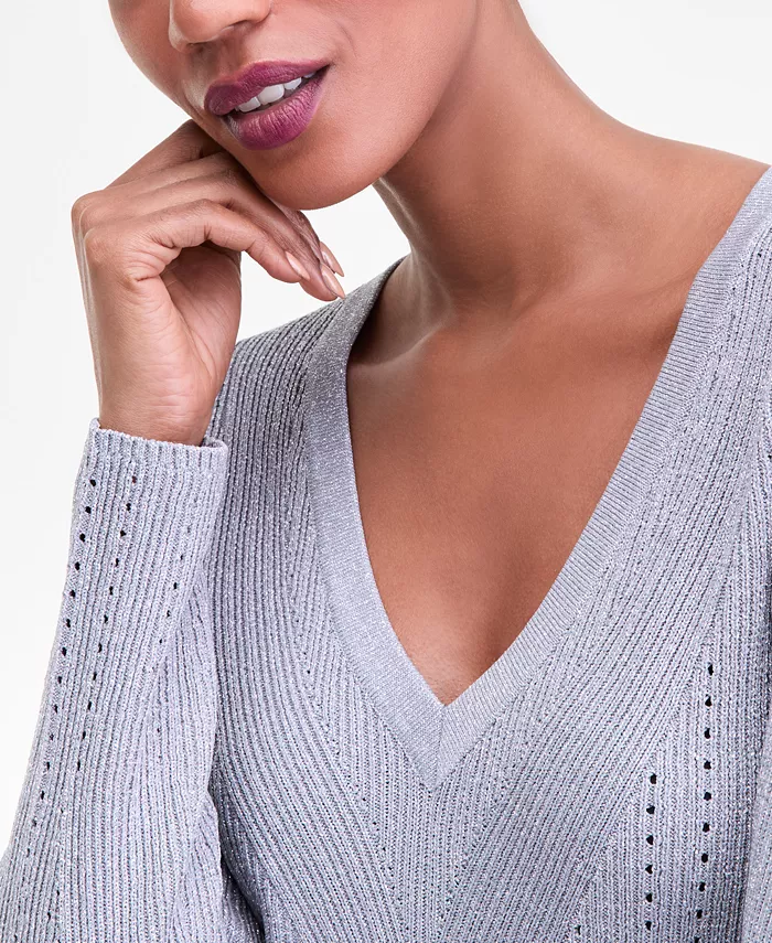 Women's Metallic-Knit V-Neck Sweater - thumbnail 3