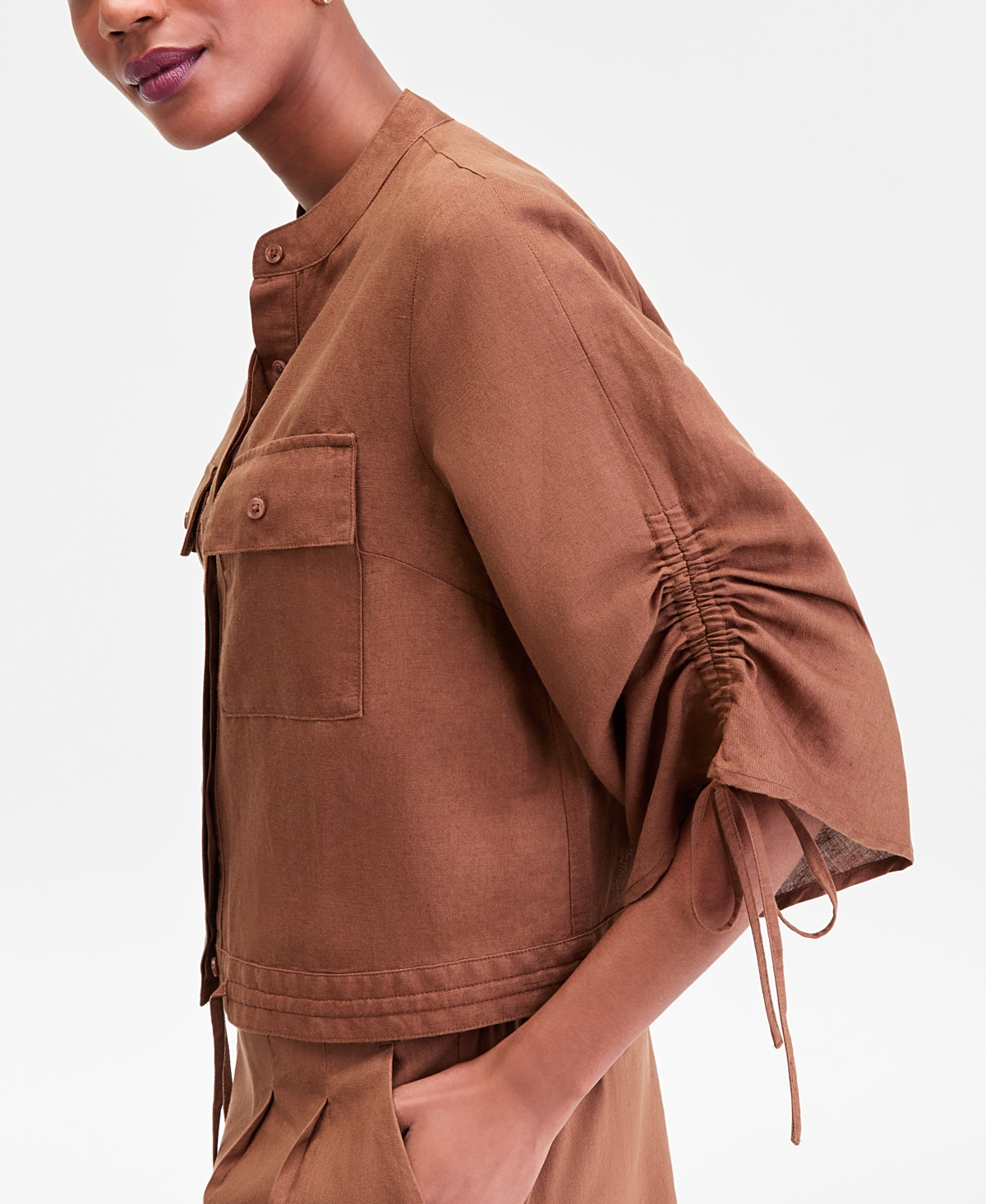 Inc International Concepts Women's Tie-sleeve Chambray Tie-waist Blouse, Macy's Exclusive In Brown