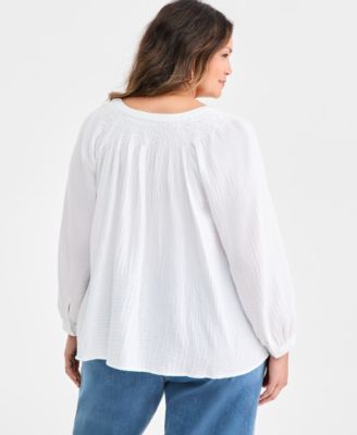 Plus Size Cotton Smocked Tie-Neck Top, Macy's Exclusive