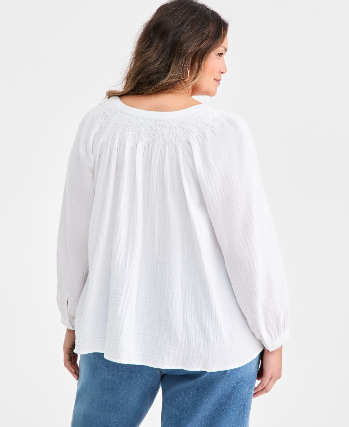 Style & Co Plus Cotton Smocked Tie-Neck Top, Macy's Exclusive