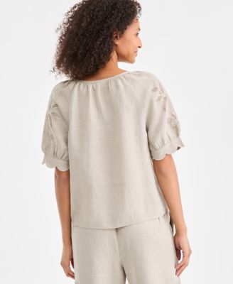 Women's 100% Linen Scalloped-Cuff Scoop-Neck Top, Macy's Exclusive