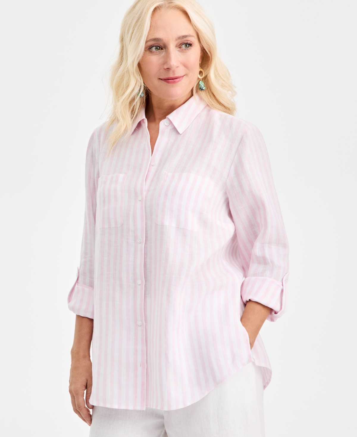 Charter Club Plus Size 100% Linen Striped Button-front Shirt, Macy's Exclusive In Pink