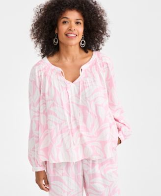 Style & Co - Women's Cotton Smocked Split-Neck Peasant Top