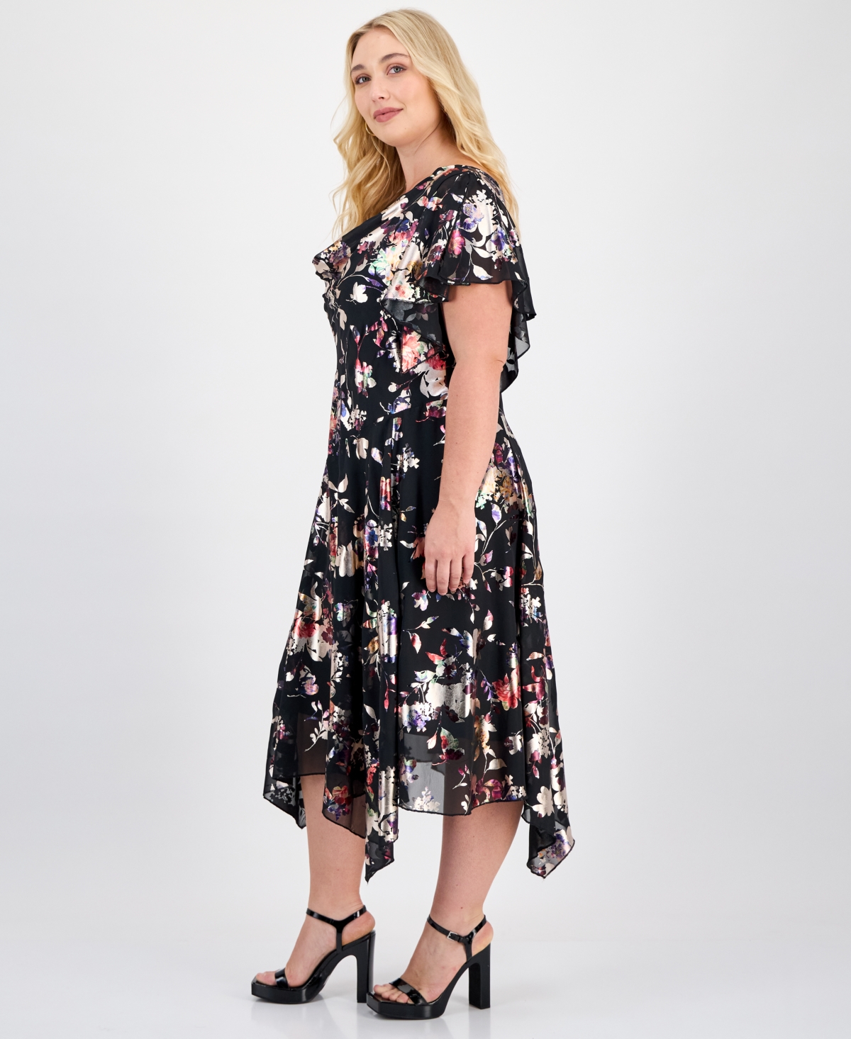 Robbie Bee Plus Foil-Print Handkerchief-Hem Dress