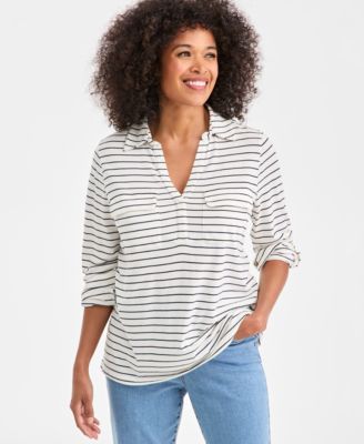 Women's Striped Collared Knit Roll-Sleeve Top