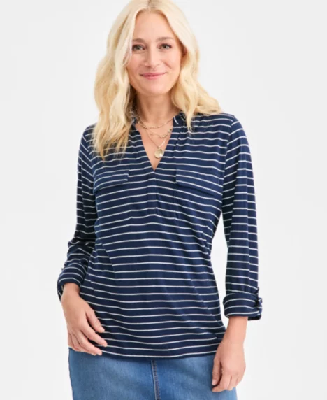 Petite Shirting Prima Pinstripe Relaxed-Fit Top - Industrial Blue Stripe