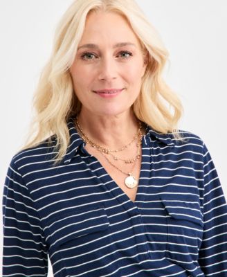 Women's Striped Collared Knit Roll-Sleeve Top, Macy's Exclusive