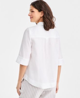 Women's 100% Linen Solid Half-Placket Elbow-Sleeve Blouse, Macy's Exclusive