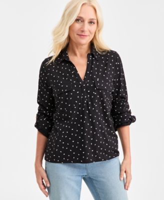 Style & Co - Women's Printed Split-Neck Tab-Sleeve Top