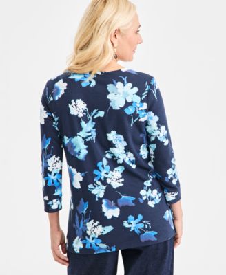 Petite Crew Neck Button Pattern Top, Macy's Exclusive