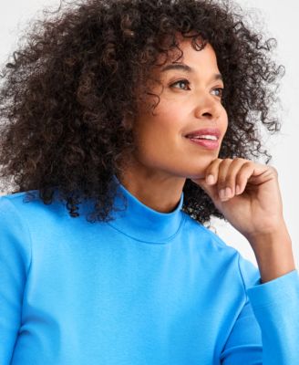 Petite Mock-Neck Cotton Long-Sleeve T-Shirt, Created for Macy's 