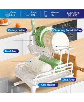 2-Tier Collapsible Multi-Functional Dish Drying Rack with Cutlery Box and Cup Holder