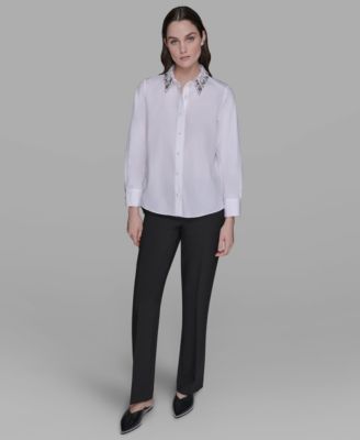 Women's Collared Long Sleeve Embellished Top