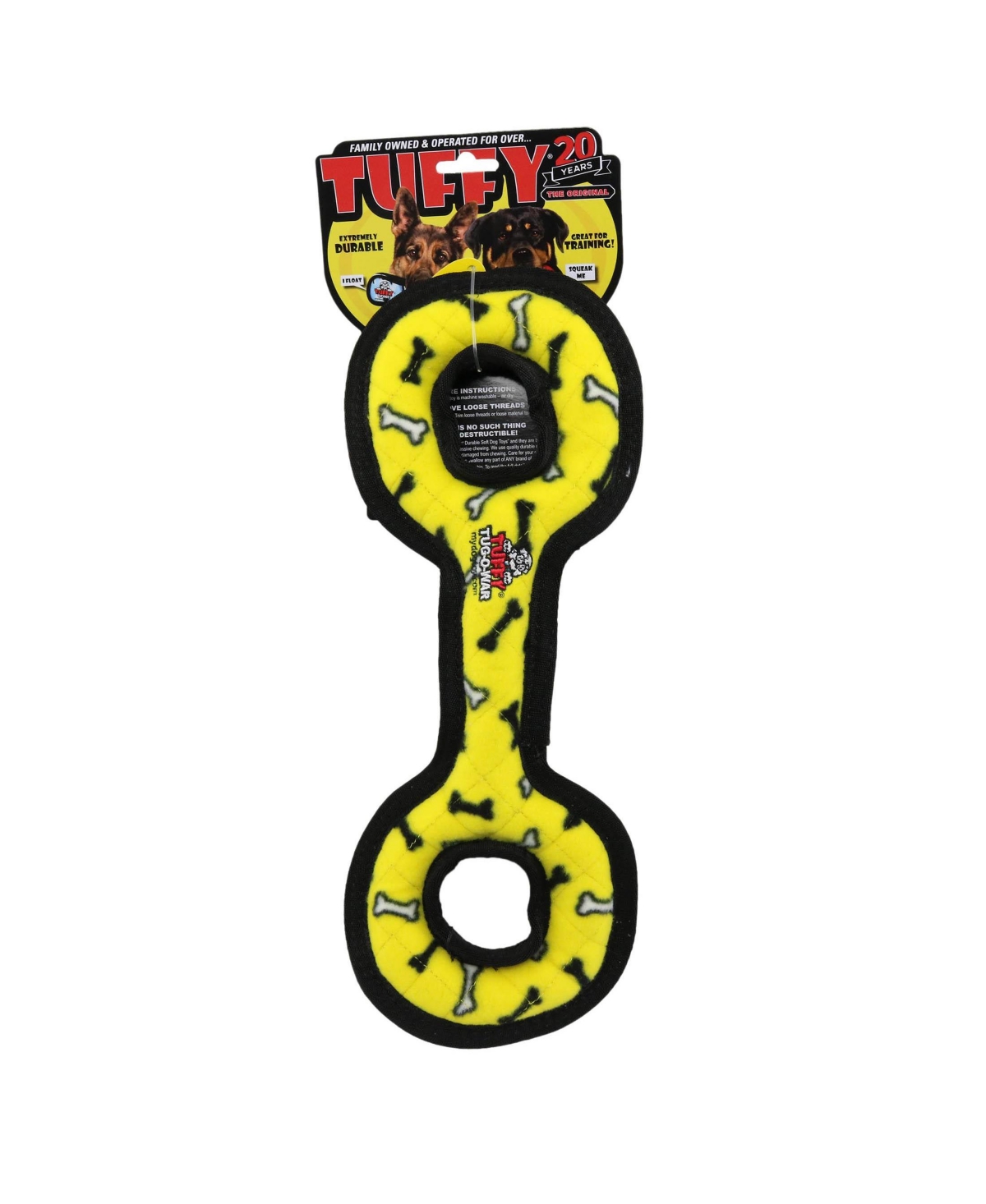 Tuffy Medium Tug-o-War Yellow Bone, Durable Plush Squeaky Dog Toy