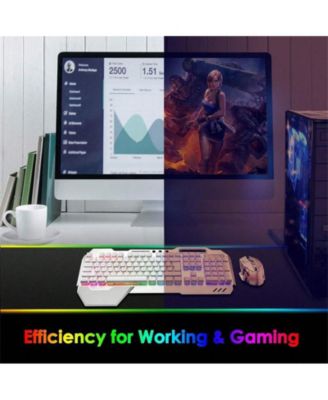 Wireless Gaming Keyboard and Mouse Combo - Backlit Keyboard with Rechargeable 3000mAh Battery,Removable Wrist Rest and 7 Color Mute Mouse - White Blue