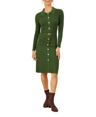 Women's Belted Rib Knit Midi Dress With Pockets