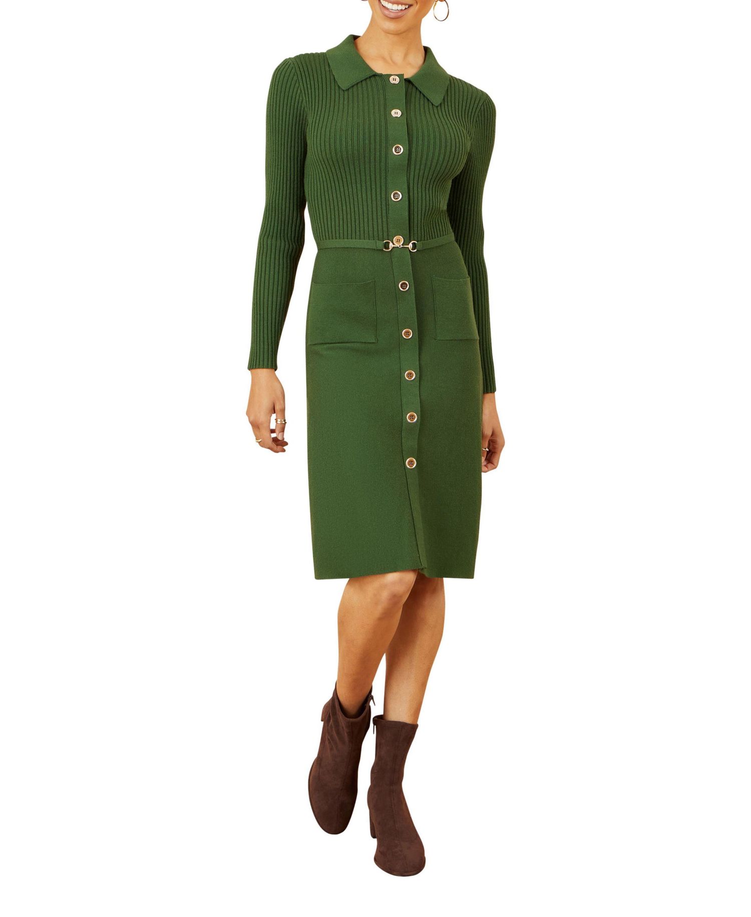 Women's Belted Rib Knit Midi Dress With Pockets