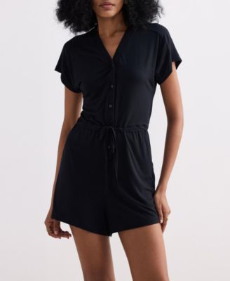 Women's V neck Drawstring Knit Romper in Black