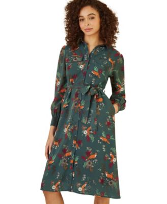 Women's Fox Print Shirt Midi Dress