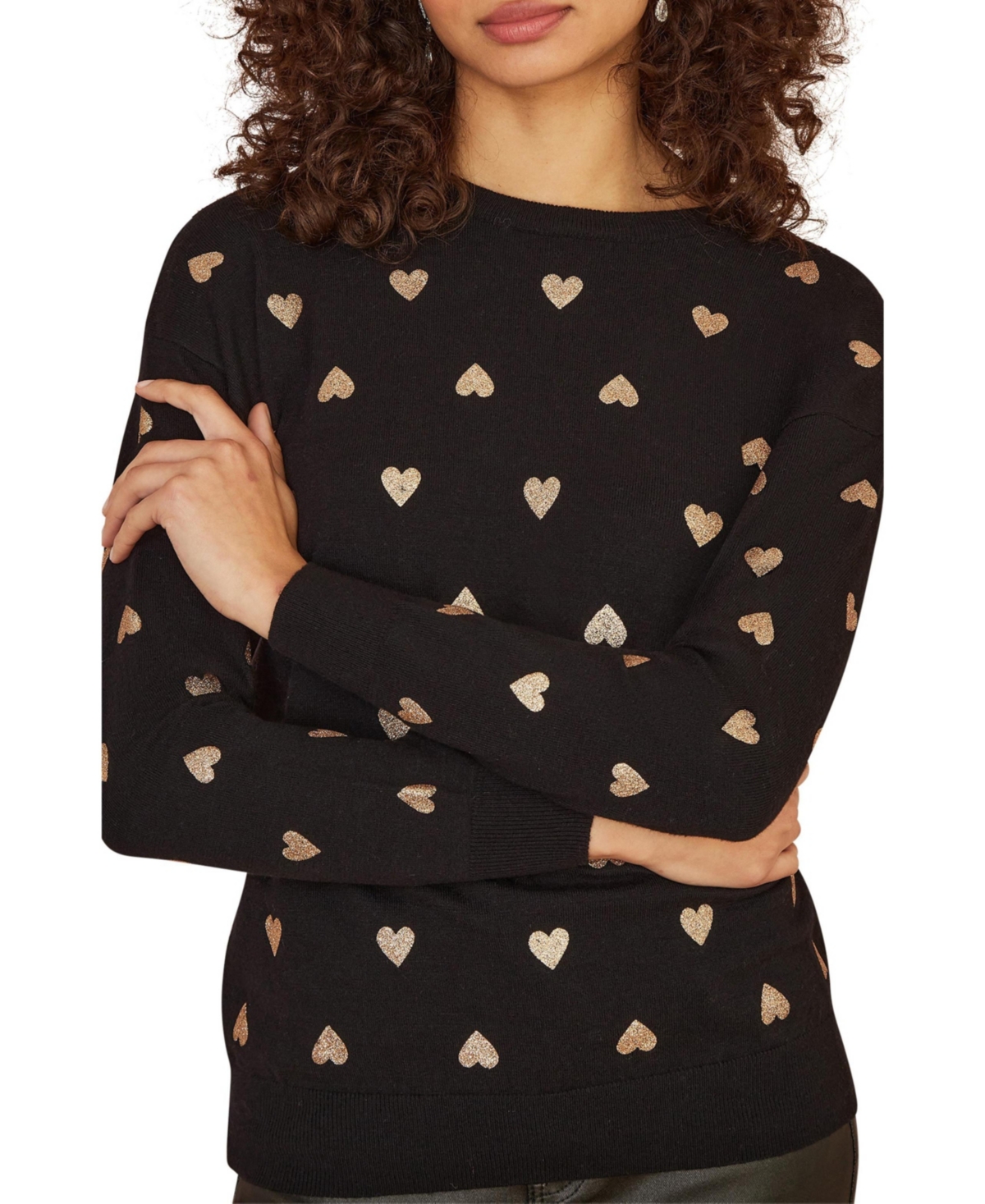 Yumi Women's Foil Heart Print Relaxed Fit Sweater