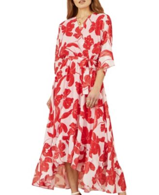 Women's Kimono Sleeves Midi Dip Hem Wrap Dress