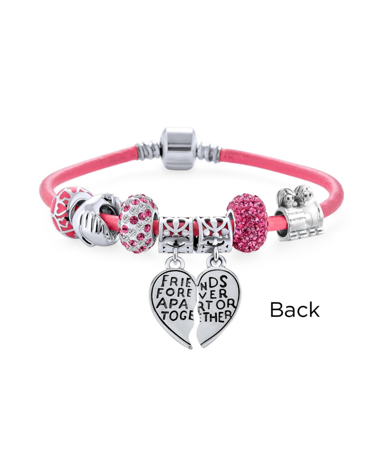 Bling Jewelry 2 Piece Best Friend Heart Charm Bracelet Pink Leather & Silver Clasp 6.5-8.5In