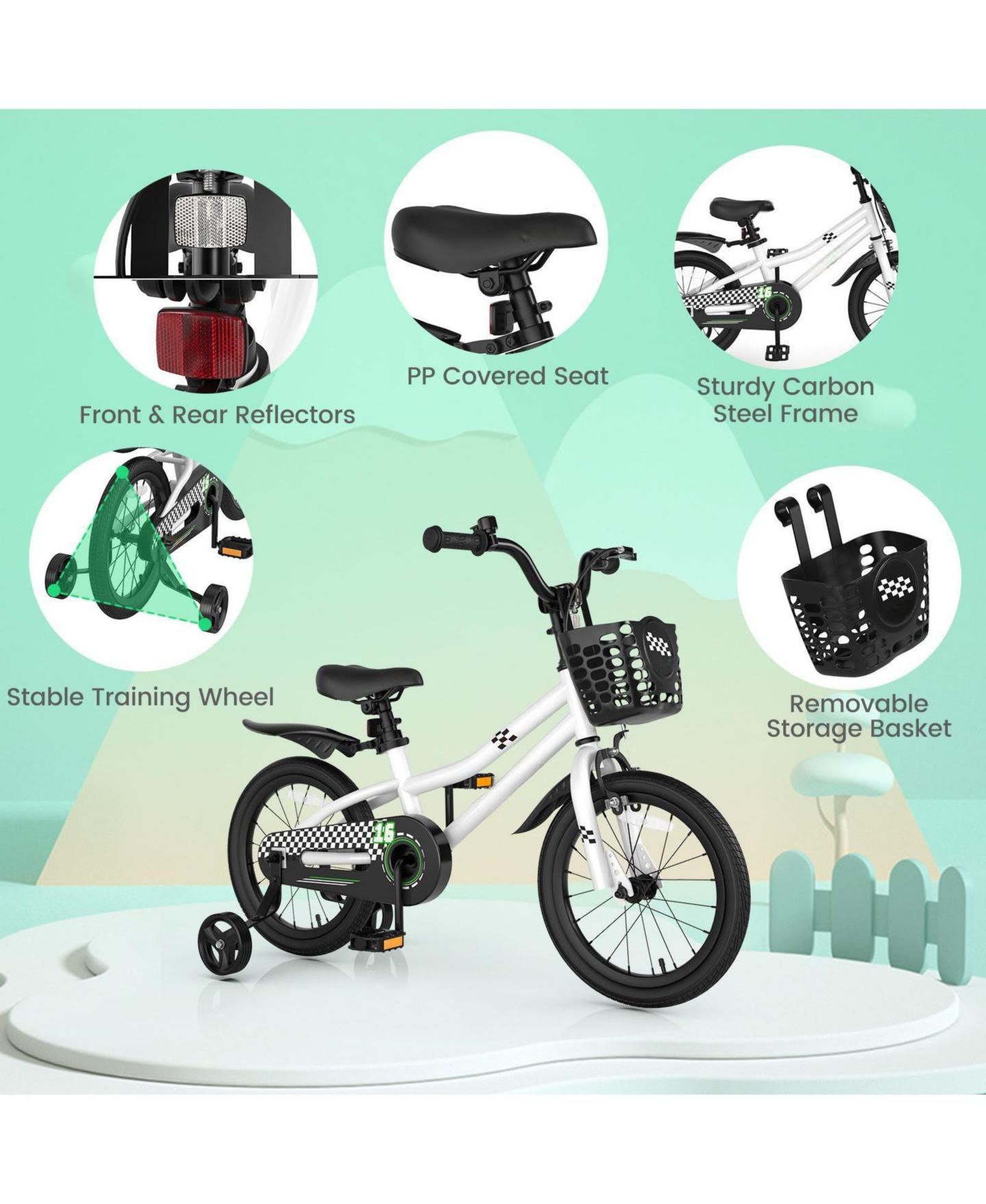 Детская игрушка HONGGE 16 Inch Carbon Steel Removable-Training-Wheel Coaster-Brake Bike with Adjustable Seat, Ages 4-6, цвет: Белый чёрный — фото 10
