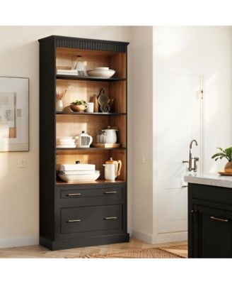 72" Tall Solid Wood 5-Shelf, Drawers, Freestanding Pantry Organizer,5-Shelf Bookcase Kitchen Pantry Cabinet